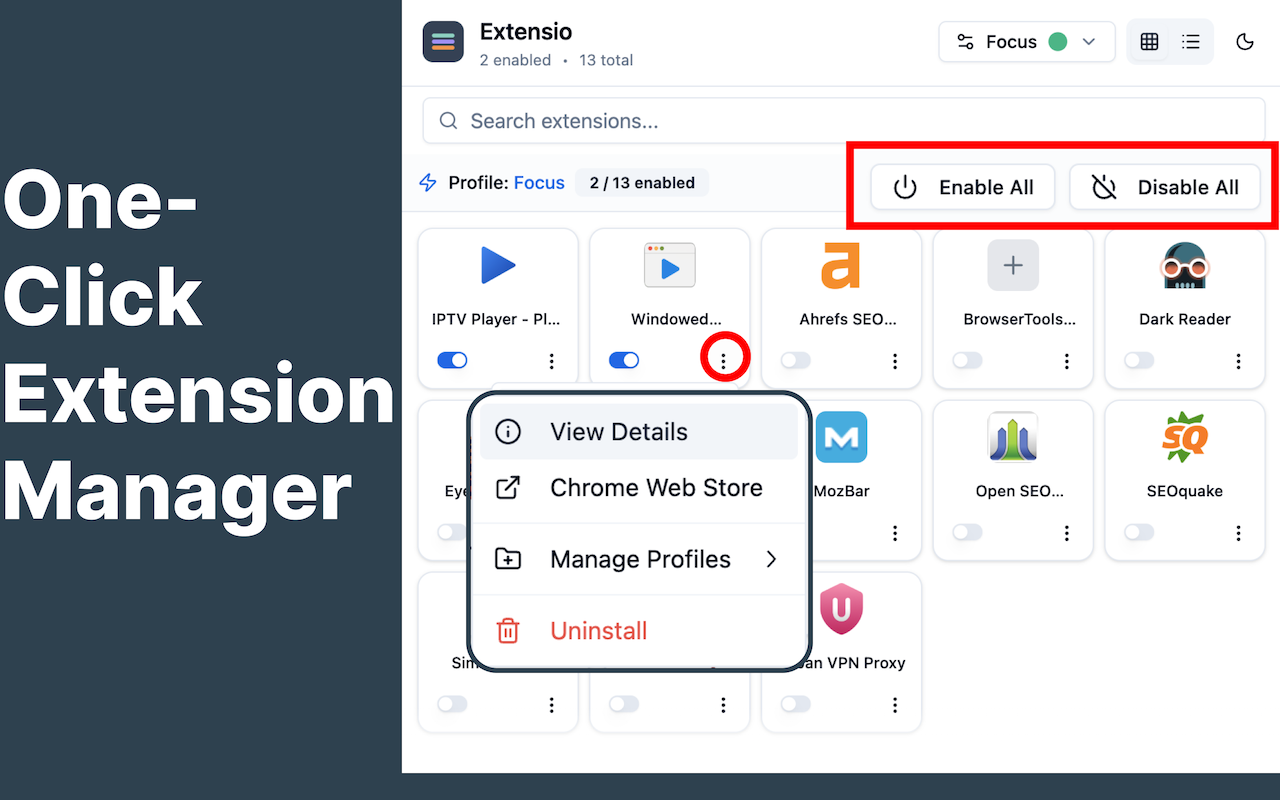 One-Click Toggle All Extensions - Enable or disable all extensions instantly