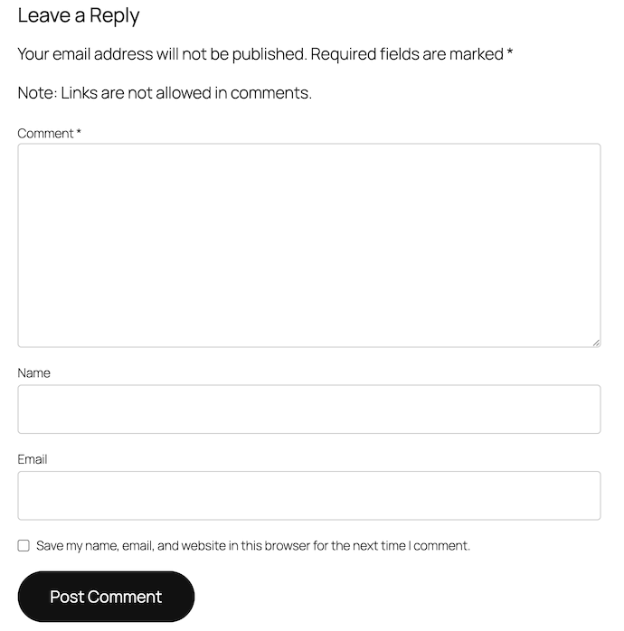 Comment form with no URL field visible - spam prevention in action