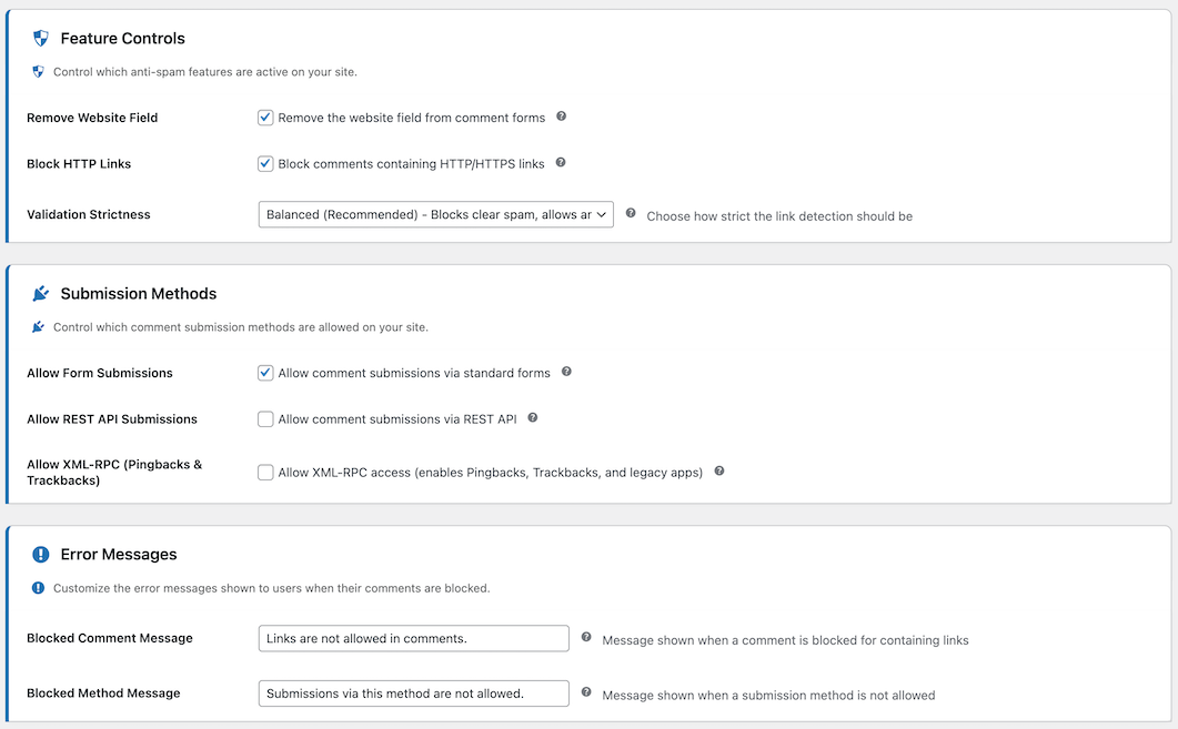 Comments Firewall Settings Page - Modern UI with card-based layout and visual status indicators